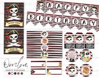 Dekoracje na przyjęcie urodzinowe w stylu piratów, przyjęcie z poszukiwaniem skarbów, spersonalizowany zestaw do druku