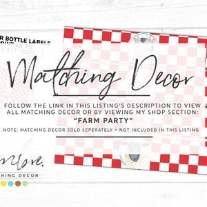 May include: Digital print of water bottle labels with a red and white chequered pattern. The text "Matching Decor" is displayed in a stylish font. The design includes the text "Farm Party".
