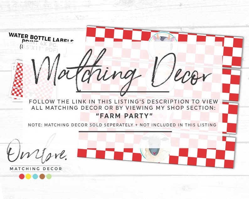May include: Digital print of water bottle labels with a red and white chequered pattern. The text "Matching Decor" is displayed in a stylish font. The design includes the text "Farm Party".
