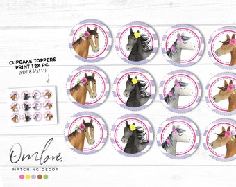 Ozdoby na babeczki z motywem konia | Dekoracje na imprezę z motywem konia | Natychmiastowe pobranie