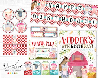 Pakiet dekoracji na przyjęcie urodzinowe z motywem zwierząt gospodarskich, dekoracje na przyjęcie urodzinowe w stodole