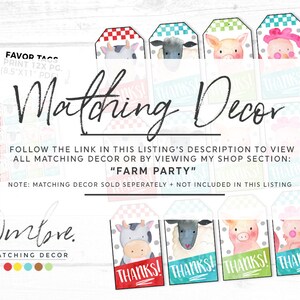 May include: Farm party favour tags with illustrations of a cow, sheep, pig, and chicken. Each tag displays the word "THANKS!" in a banner. The tags are decorated with a checkered pattern. The tags are part of a matching decor set.