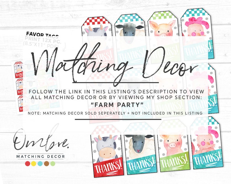 May include: Farm party favour tags with illustrations of a cow, sheep, pig, and chicken. Each tag displays the word "THANKS!" in a banner. The tags are decorated with a checkered pattern. The tags are part of a matching decor set.