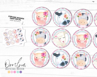 Kwiatowe ozdoby na imprezę na farmie, różowe znaczniki imprezy na podwórku, różowe ozdoby na babeczki ze zwierzętami na farmie, natychmiastowe pobranie