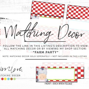 May include: Party decor with a farm theme, showcasing red and white chequered patterns and illustrations of a pig and a cow. The text "Matching Decor" is displayed, along with "Farm Party". Includes folded food tents for the event.