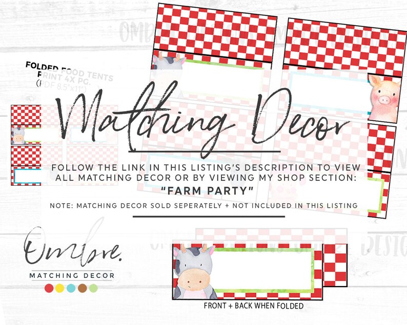 May include: Party decor with a farm theme, showcasing red and white chequered patterns and illustrations of a pig and a cow. The text "Matching Decor" is displayed, along with "Farm Party". Includes folded food tents for the event.