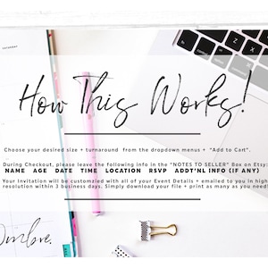May include: A flat lay composition with a laptop keyboard, a planner, and a pen. The text "How This Works!" is displayed, alongside instructions for ordering invitations. A gold paper clip and decorative tape are also visible.