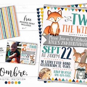 Woodland Second Birthday Invitation, Two Wild Party Invite, Forest Animals Birthday, Custom Woodland Invite