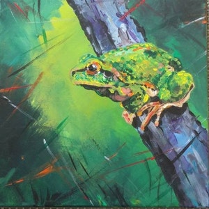 FROG ON BRANCH painting, colorful frog, acrylic original painting, frog art