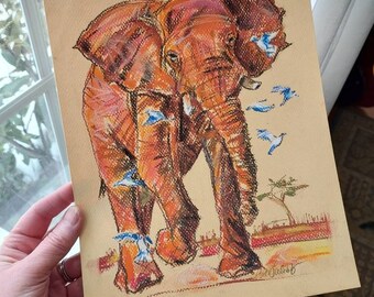 Elephant, Original Pastel Drawing
