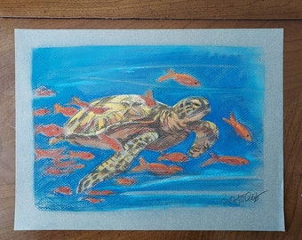 Sea Turtle Art, Original Pastel Drawing