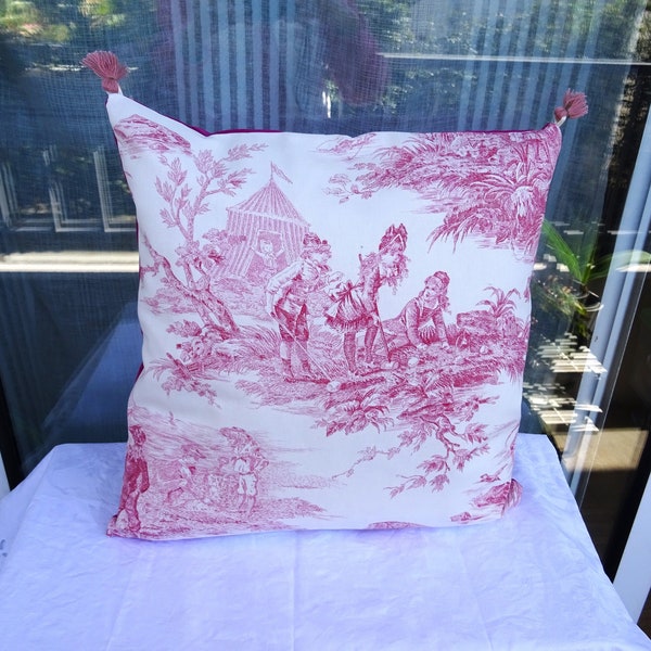 Housse de coussin , en toile de Jouy , rose foncé , personnages enfants , vintage ;