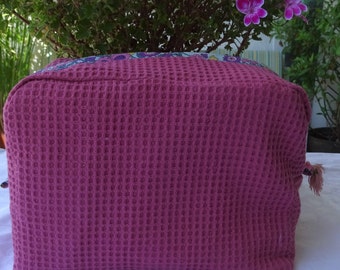 Toiletry bag in honeycomb terry cloth, old pink, large storage capacity, coated canvas lining, fashion, gift;