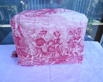 Toiletry bag in toile de Jouy, pink, country scene, coated canvas lining, gift;