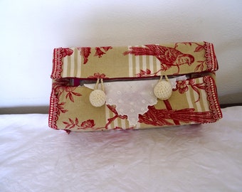 Decorative cover for printed linen tissue box, small hand-embroidered handkerchief, vintage;