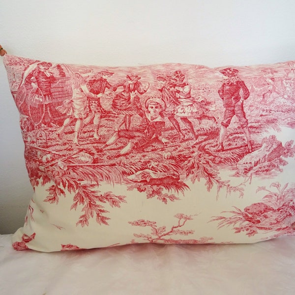 Housse de coussin rectangulaire , toile de Jouy , rose , scènes champêtres , enfants , déco , ,vintage ;