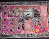 Vintage Elephant Tapestry LARGE Kalaga Burmese Wall Art Hand Made Sequins Thailand Black Border Oriental Home Decor Indian Art