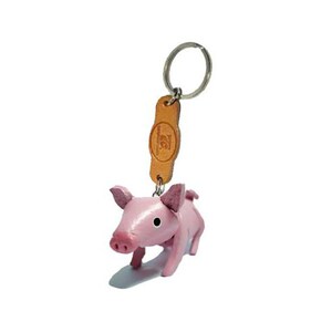 May include: A pink pig keychain with a silver keyring and a tan leather tag. The pig has a detailed design with visible ears, snout, and legs. The keychain is designed to be a decorative accessory.