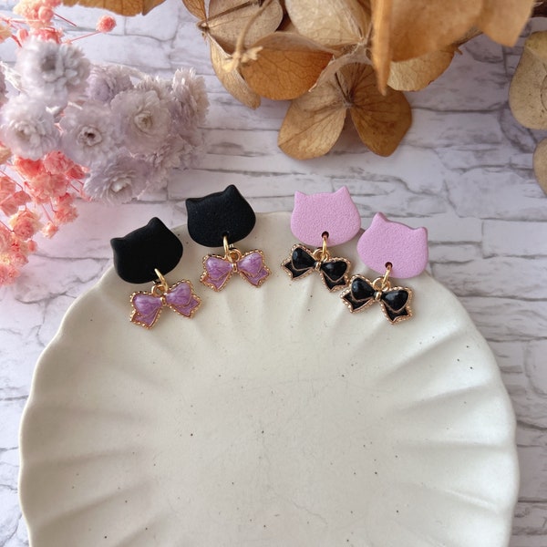 Cat and Bow Dangling Earrings -polymer clay-