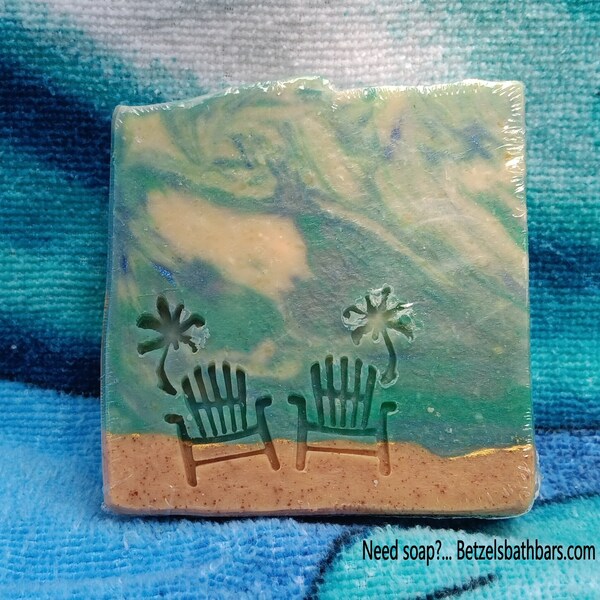 Beach chairs stamps with palm trees.