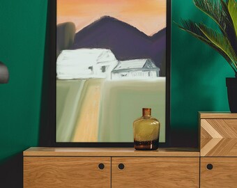 Modern Landscape Art Print, "Evening Stillness", Mountain Sunset Wall Art, Minimalist Farmhouse Decor, Contemporary Countryside Painting