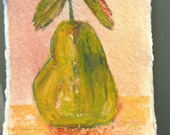 Original Green Pear Painting – Abstract Mixed Media Art on Deckle Edge Paper