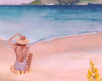 Download digitale, Donna in spiaggia ad acquerello, stampa artistica 18x24 - Decorazione estiva costiera