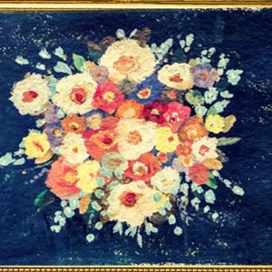 May include: A rectangular painting featuring a vibrant bouquet of white, yellow, orange, and red flowers set against a dark blue background. The artwork is enclosed in an ornate, polished gold frame with intricate decorative carvings on the edges.