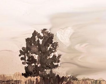 Stampa di un bosco dai toni cupi e suggestivi, acquerello con cuore e albero solitario (download digitale)