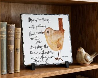 Emily Dickinson Hope Is the Thing With Feathers Slate Plaque, Bird Poetry Decor, Literary Gift, Book Lover Gift, Nature Home Decor, 8X8in