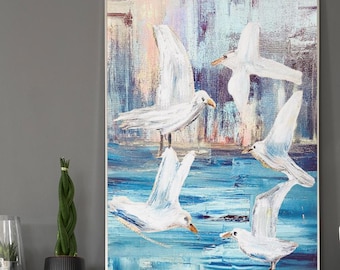 Modern Coastal Seagull Canvas Print | Blue Ocean Wall Art | Beach House Decor | Nautical Bird Artwork | Coastal Living Room Wall Decor