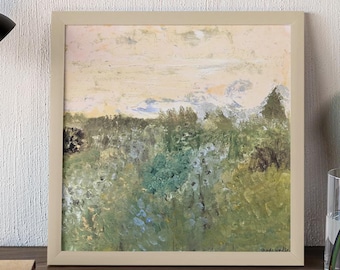 Original Oil Painting, 8x8 Landscape, Impressionist Meadow Painting, Countryside Wall Art, Small Original Artwork