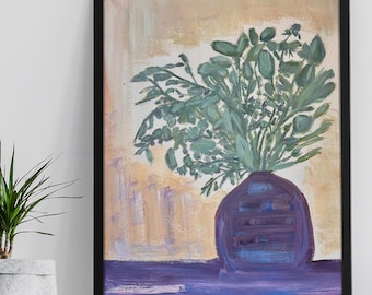 Original Floral Still Life Painting, Purple Vase Artwork, Mixed Media Painting, Botanical Wall Art, 11x16 Signed Original Wall Art