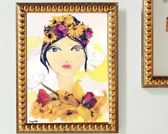 Real Flower Girl Art - 16x20 Digital Download | Mixed Media Illustration | Floral Wall Art | Whimsical Portrait | Instant Download