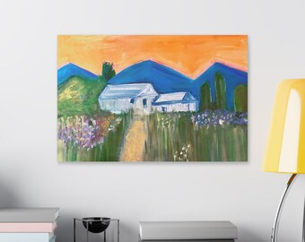 Mountain Cottage Wall Art Print, Colorful Cottage Garden Painting, Fauvist Landscape Art, Blue Mountains, Country House Decor