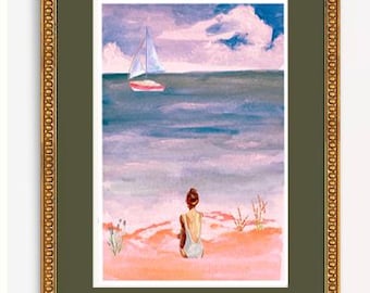 DIGITAL Download, Beach Woman Watercolor Digital Download – 18x24 Printable Art – Coastal Summer Decor