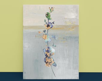 Blue Gold Floral Canvas Wall Art, Vertical Botanical Canvas Print, Hand Painted Flower Artwork, Modern Neutral Home Decor