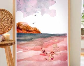 DIGITAL Download, Beach Woman Watercolor Digital Download – 18x24 Printable Art – Coastal Summer Decor