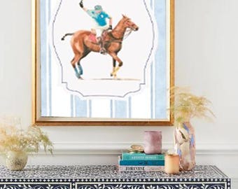 DIGITAL Download, Watercolor Polo Rider Art Print | Equestrian Sports Artwork with Blue Stripes