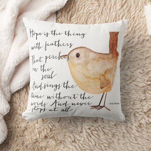 Hope is the Thing With Feathers Throw Pillow, feather and watercolor bird quote, anthropologie, emily dickinson, inspirational quote image 3