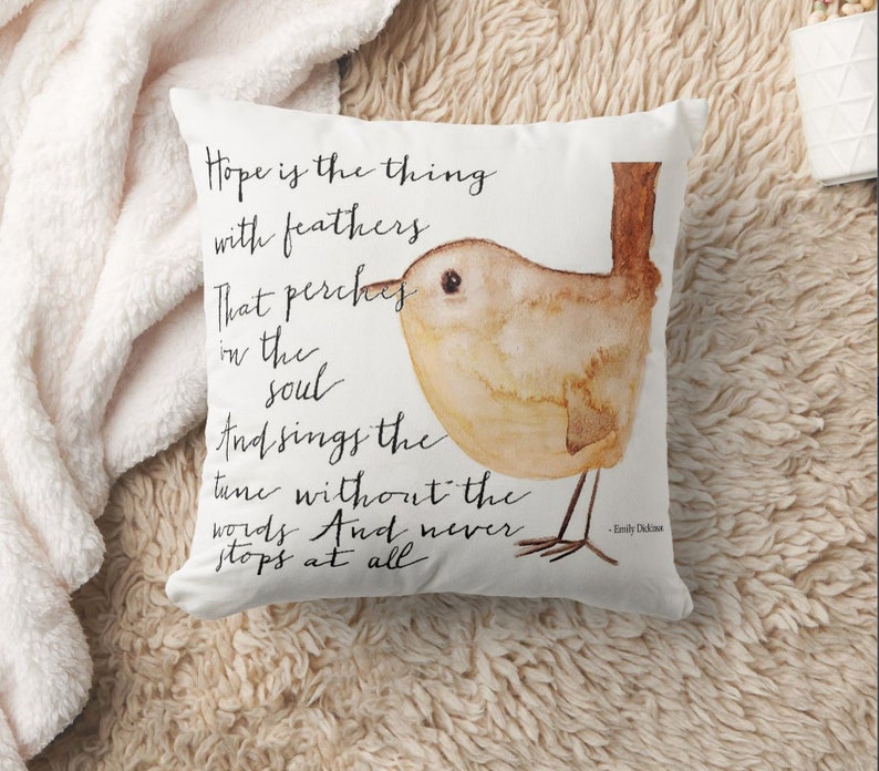 Hope is the Thing With Feathers Throw Pillow, feather and watercolor bird quote, anthropologie, emily dickinson, inspirational quote image 3