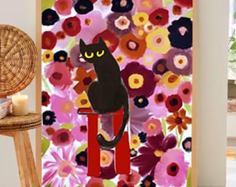 Black Cat Floral Art Print: 24x36 Boho Wall Decor (Digital Download)