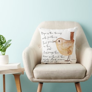 Hope is the Thing With Feathers Throw Pillow, feather and watercolor bird quote, anthropologie, emily dickinson, inspirational quote image 1