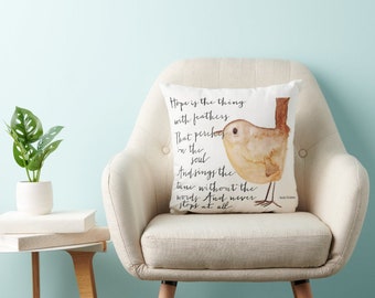 Hope is the Thing With Feathers Throw Pillow, feather and watercolor bird quote, anthropologie, emily dickinson, inspirational quote