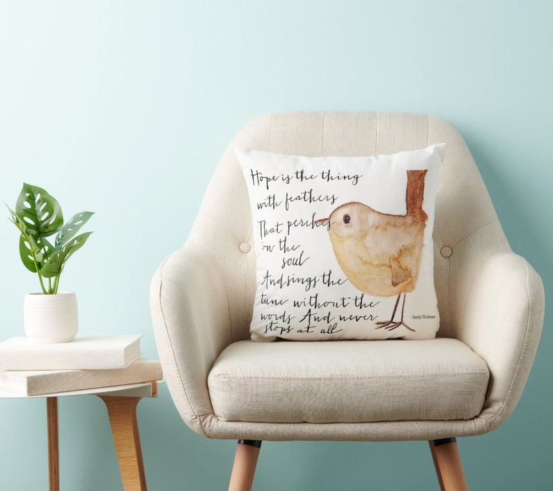 Hope is the Thing With Feathers Throw Pillow, feather and watercolor bird quote, anthropologie, emily dickinson, inspirational quote image 1