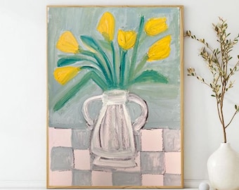 Yellow Tulips Still Life – Handmade Oil Painting, Floral Art (9x12)