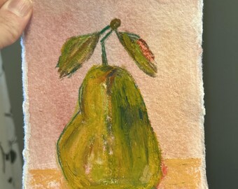 Original Green Pear Painting – Abstract Mixed Media Art on Deckle Edge Paper