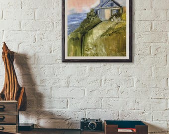 Coastal Cottage at Sunset | Original Oil & Mixed Media Painting on Watercolor Paper | Impressionist Seascape | 16.5 x 11.75 Inches