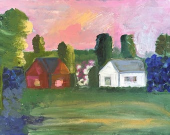 Original Barn Cottage Landscape Painting, Country House Art, Colorful Rural Landscape, Acrylic & Oil on 12x16 Board, UNFRAMED