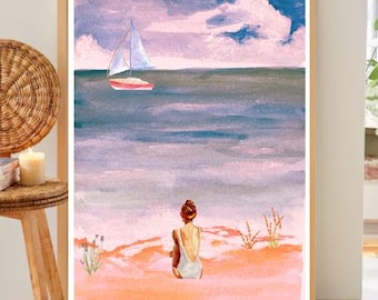 DIGITAL Download, Beach Woman Watercolor Digital Download – 18x24 Printable Art – Coastal Summer Decor